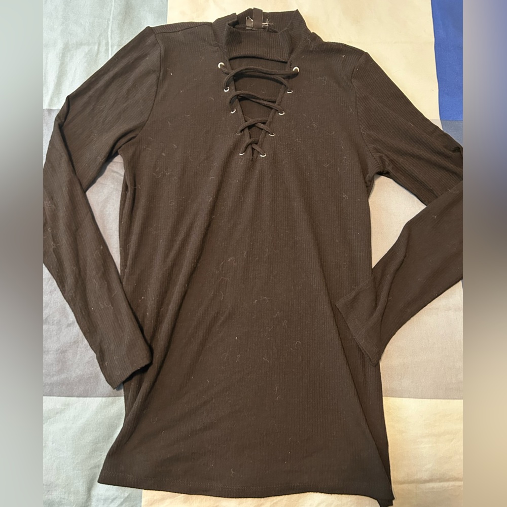 Punk Goth Black Lace-Up Women's Turtleneck Tunic